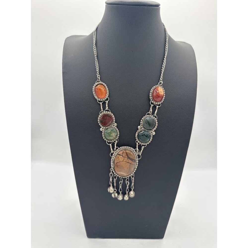 Bohemian Vintage Tribal Bib Necklace Agate Jasper Stone Ethnic Statement
